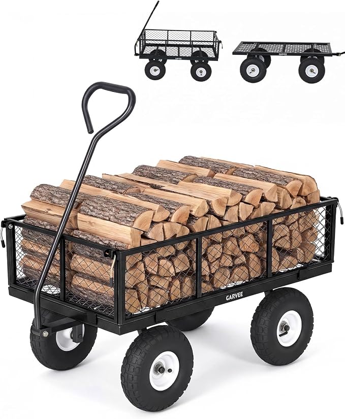 Garvee Versatile Outdoor Utility Cart - 800LBS Heavy-Duty, 10" All-Terrain Pneumatic Tires, Easy Maneuverable Lawn Cart with Removable Mesh Panels for Gardening & Landscaping, Black