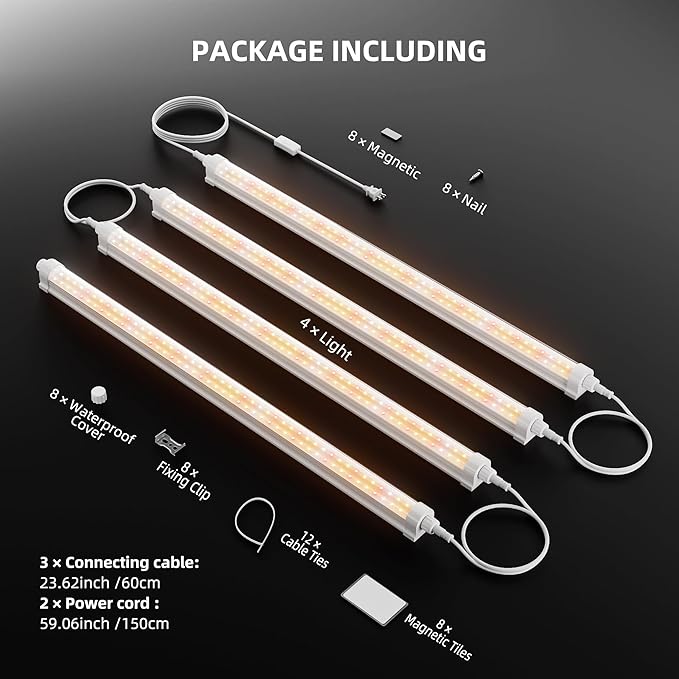 Spider Farmer 2FT LED Grow Lights for Indoor Plants,Full Spectrum (3000K+5000K+660nm),80W (4x20W,400W Equivalent),3-Level Dimmable,IP65 Waterproof,Linkable Design,Plant Light Strip for Shelve,4-Pack