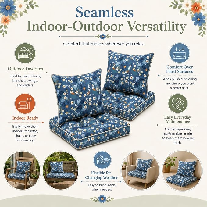 22x22 Waterproof Outdoor Chair Cushions Set of 2, Patio Cushions for Outdoor Furniture Water-Resistant & Fade-Resistant, Deep Seat & Back Cushion for Wicker Sofa (Blue Floral)