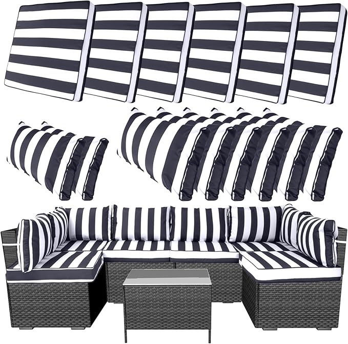 14 Piece Outdoor Furniture Replacement Cushions, Cover+Filling, 25.6" x 25.6" x 4" Foam Waterproof Outdoor Sofa Cushion Sets, Fit Wicker Rattan Sectional Conversation Set, Grey Black Stripes