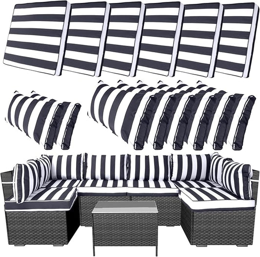 14 Piece Outdoor Furniture Replacement Cushions, Cover+Filling, 25.6" x 25.6" x 4" Foam Waterproof Outdoor Sofa Cushion Sets, Fit Wicker Rattan Sectional Conversation Set, Grey Black Stripes