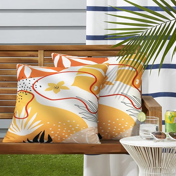 Merrycolor Pack of 2 Outdoor Pillow Covers 18x18 Waterproof Pillow Covers Geometric Leaf Decorative Square Pillowcases Patio Pillows Outdoor Pillows for Patio Furniture Garden Orange