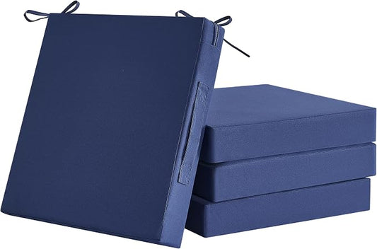 Waterproof Patio Chair Cushions Set of 4, 19 x 19 x 3 Inch Outdoor Seat Cushions for Patio Furniture with Handle and Ties, 3 Year Color Fastness Square Garden Sofa Couch Pads, Dark Blue