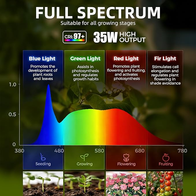 Hanging Grow Lights for Indoor Plants - 35W 4000K Full Spectrum Plant Light, Wall Mounted Grow Light with Wooden Bracket, Timer, 15FT Power Cord, Ideal for Plants, Flowers & Home Decor