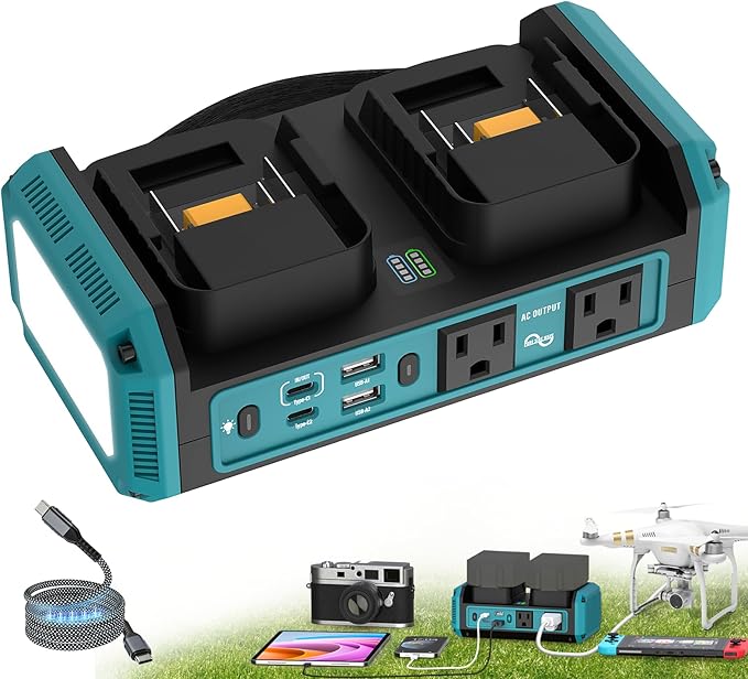 350W Pure Sine Wave Power Inverter Compatible with Makita 18V Battery, DC 18V to AC 120V Inverter, 7A Fast Charger & 2 AC Outlet, 2 USB Ports & 2 Type-C Ports, 600LM LED Work Light (No Battery)
