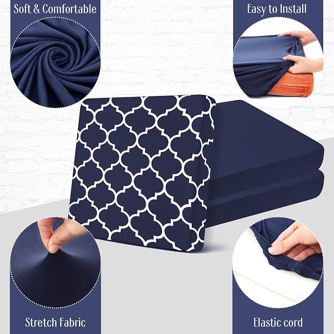 Newwiee 12 Pcs Patio Cushion Covers Outdoor Stretch Sofa Couch Cover Replacement Couch Slipcover Sofa Seat Chair Porch Patio Furniture Protector, Flexibility Washable(Navy Blue,Moroccan and Solid)
