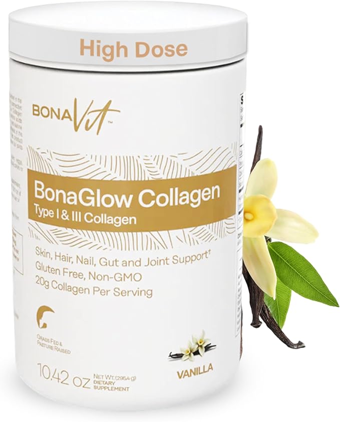 Collagen Peptides - Type I & III - Premium Hydrolyzed Collagen Powder - with Digestive Enzymes & Probiotics - High Dosis of Collagen & Protein - 14 Servings - BonaGlow Vanilla