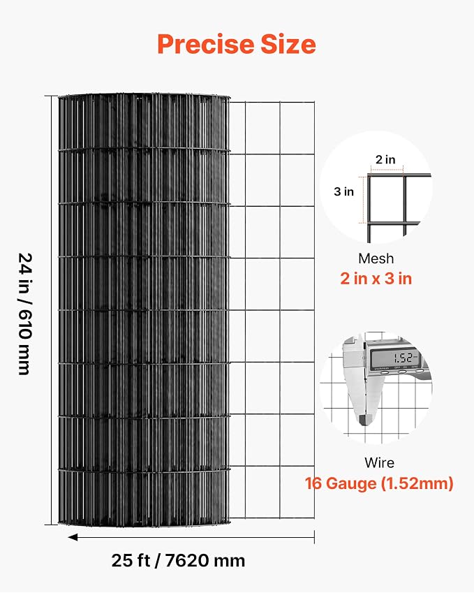 VEVOR Hardware Cloth 24 in x 25 ft, 2 x 3 in Mesh 16 Gauge Galvanized Wire Mesh Roll, Weather-Resistant Vinyl Coated Chicken Wire Fencing, Heavy Duty Welded Garden Plant Fencing for Rabbit Cage Snake