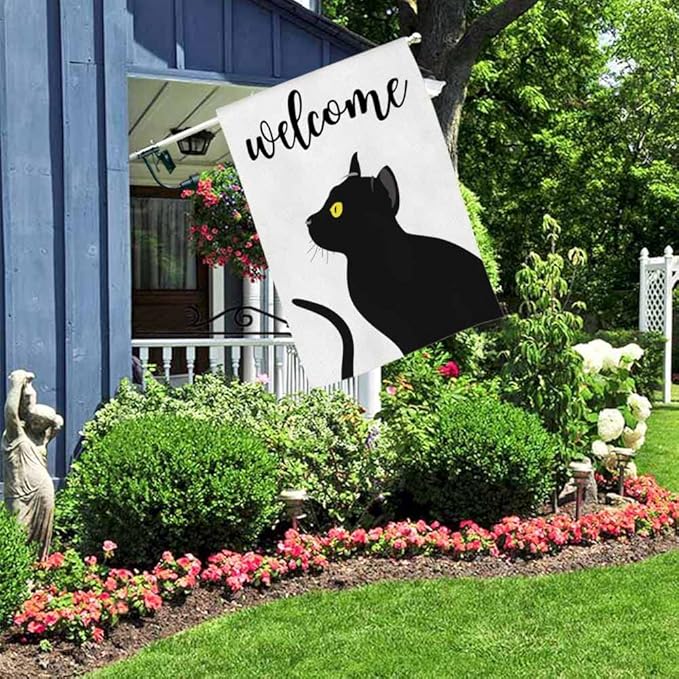 AOYEGO Cat Welcome House Flag Vertical Double Sided Burlap Black Cat With Yellow Eyes Farmhouse Yard Outdoor Seasonal Flags Decoration 28 x 40 Inches