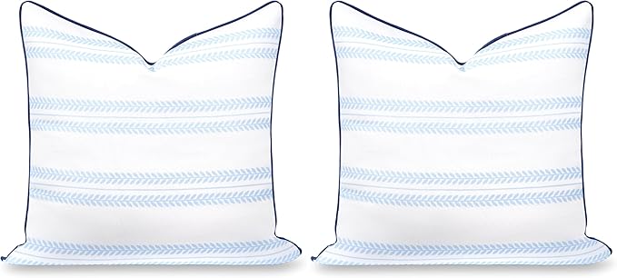 Hofdeco Premium Coastal Hampton Patio Indoor Outdoor Throw Pillow Cover Only, 22"x22" Water Repellent for Backyard, Couch, Poolside, Baby Blue Navy Print Leaf Striped (Pack of 2)