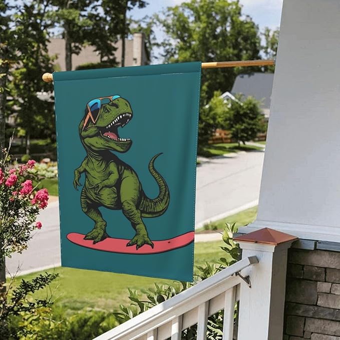 Delerain Green Dinosaur Garden Flag, 12.5 x 18 Inch Double Sided Design Weather Resistant Indoor & Outdoor Decoration Small Banner for Home Yard Lawn Patio Office