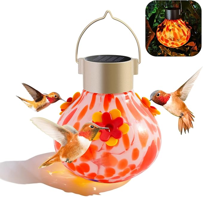 Hummingbird Feeder with Solar Light, Outdoor Glass Hummingbird Feeder, Auto-Lighting Solar Lamp for Garden Decor, 3 Feeding Ports Attract More Birds, Waterproof Design, Ideal Gift (Red)