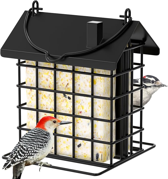 Gbekery All-Metal Double Suet Bird Feeder for Outdoors Hanging, Suet Cake Cage Holder with Weather-Resistant Roof & Perch for Outside Garden, Black