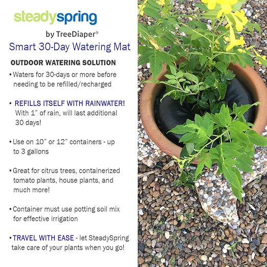 SteadySpring® Smart 30+Day Watering Mat for 10 in to 12 in Containers for Houseplants, Annuals, Herbs, Trees, Tomatoes - Self-Filling, Lasts 30+ Days, Automatic Irrigation Mat (2-Pack)