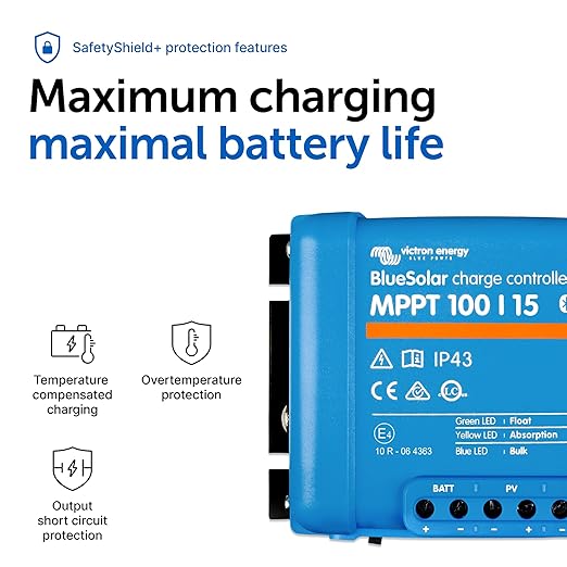 Victron Energy BlueSolar MPPT Solar Charge Controller - Charge Controllers for Solar Panels - 100V, 15 amp, 12/24-Volt