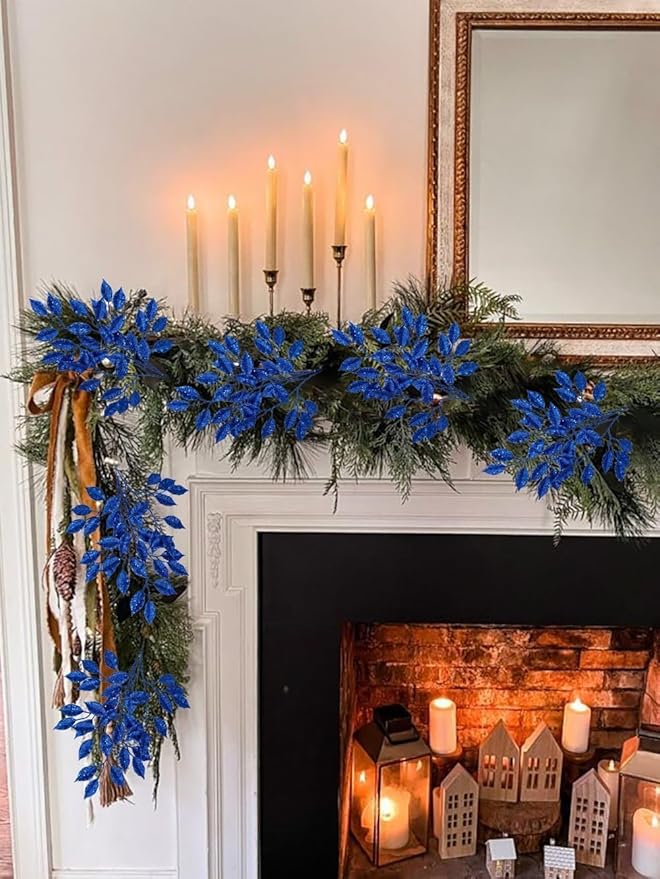 25.6" Christmas Blue Glitter Leaves Stems, 5Pcs Artificial Leaf Spray Leaf Picks Tall for Christmas Tree DIY Xmas Wreath Garland Arrangment Vase Bouquets Table Centerpieces Decoration Home Decor