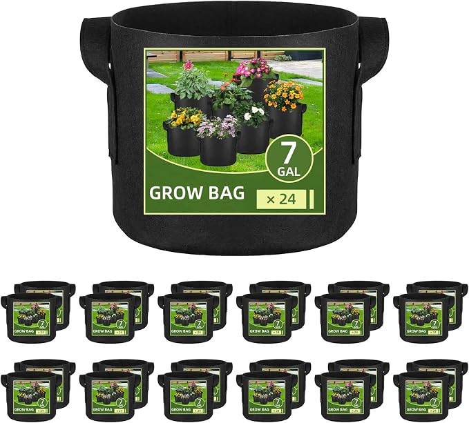 24 Pack 7 Gallon Grow Bags, Heavy Duty Thickened Aeration Fabric Pots with Handles for Vegetable/Flower/Plant