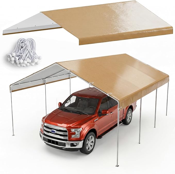 13x20 FT Carport Canopy Replacement Cover, Heavy Duty Car Garage Top Tent Shelter Tarp, Waterproof & UV Protected, Easy Installation with Ball Bungees, Beige (Frame Not Included)