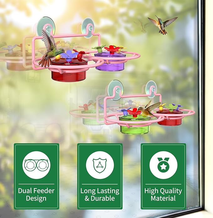 Dreamdrawer 2 Pack Window Hummingbird Feeder, Small Hummingbird Feeder for Outdoors with Strong Suction Cup - Metal Base & 6 Feeding Ports, Easy to Clean and Refill, Pink