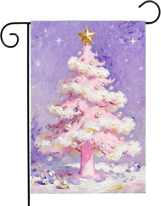 Christmas Garden Flag 12x18 Inch Purple Pink Xmas Tree Pearl Winter Holiday Decorative Yard Flags for Outside Double Sided Seasonal Outdoor Home Farmhouse Decoration Porch New Year Decor