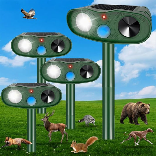 4Pack Ultrasonic Cat Repellent Outdoor Bear Repellent Devices,Solar Animal Repeller Motion Detection Rabbit Raccoon Squirrel Dog Squirrel Repellent Deterrent with LED Flash Lights for Yard