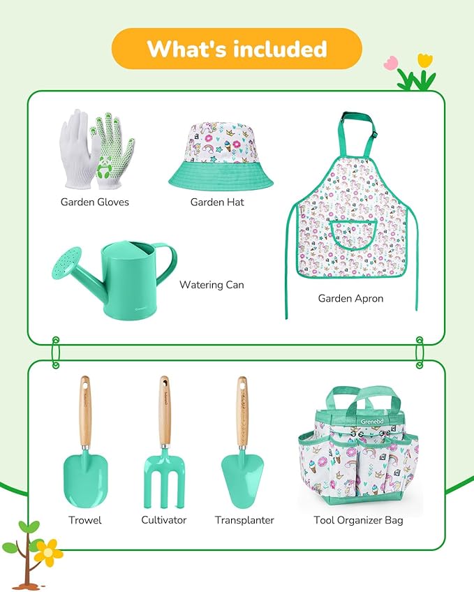 Grenebo Kids Gardening Set Toys,Includes Metal Trowel,Transplanting Shovel,Garden hat,Rake,Apron,Gloves,Watering Can,and Tool Organizer Bag (Lake Green)