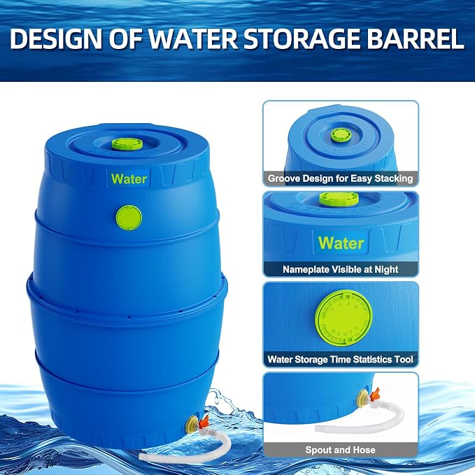 50 Gallon Blue Water Storage Barrel, BPA-Free Rainwater Collection Drum with Spigot, Stackable UV-Resistant Durable PP (Polypropylene) Barrel for Emergency Drinking Water & Gardening | Non-collapsible high-density space-saving hydration backup system w...
