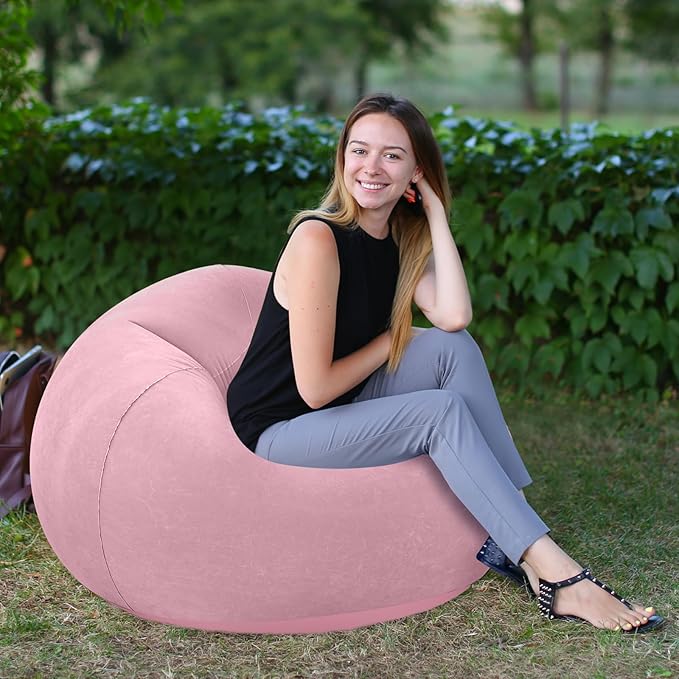 Realspring Inflatable Bean Bag Chairs Outdoor Blow up Camping Chairs Inflatable Lazy Sofa Folding Portable Bean Bag Loungers Couch for Movie Night (Light Pink,2 Pcs)