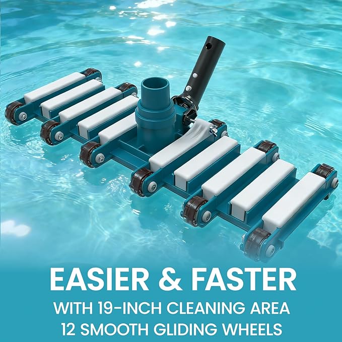 POOLWHALE 19" Professional Weighted Pool Vacuum Head with Wheels, Extra-Wide, Swivel Hose 1-1/2 or 2’’, Flexible Swivel Direction-Control Handle for Swimming Pools - Deep Cleaning on All Surfaces