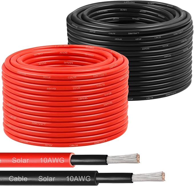 Solar Panel Wire 10 AWG(6mm²) - Solar Extension Cable 100Ft Black & 100Ft Red 10 Gauge Tinned Copper PV Wire for Outdoor Automotive RV Solar Panel Boat Marine (Black+Red)