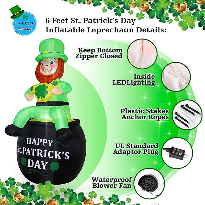 6 FT St. Patrick's Day Inflatable Leprechaun, Blow up Leprechaun Sits on Cornucopia Outdoor Decoration with LED Lights, for Yard Garden Lawn Front Door Holiday Decor (6FT Leprechaun on Cornucopia)