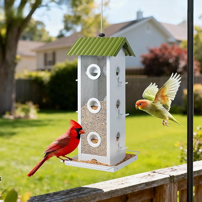All Metal Bird Feeder for Outdoors Hanging | 14-Port Multi-Bird Viewing | Premium Finish, Waterproof & Easy-Clean | Attracts Cardinals, Finches, Chickadees & More (Crisp White & Green)