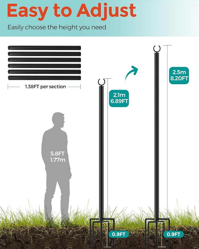 LAND·VOI 4 Pack String Light Poles, 9FT Heavy Duty Metal Light Poles for Outside String Lights, Outdoor Light Poles with 5 Prong Fork, Light Pole Stand for Patio, Backyard, Garden, Deck, Black FLP14B
