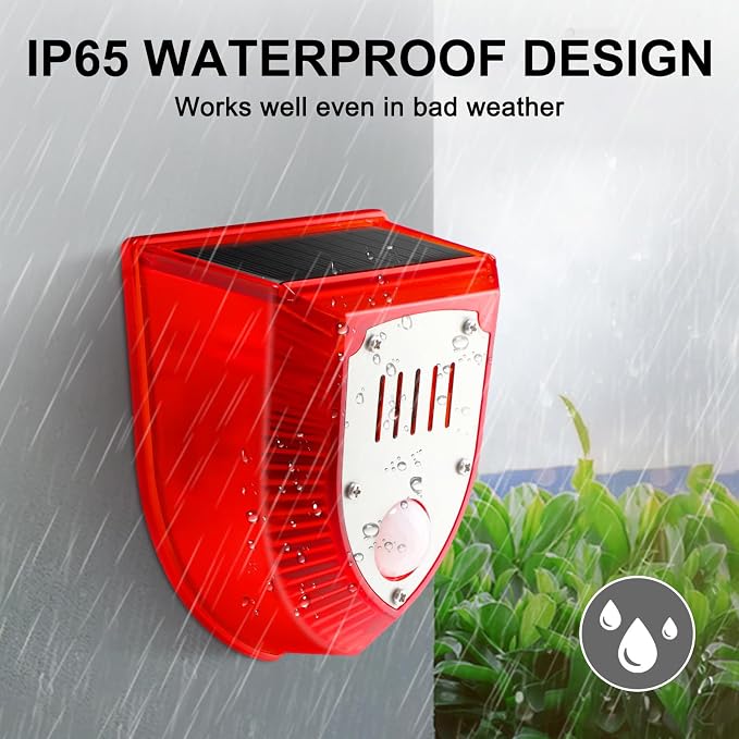 Qualirey 4 Pcs Solar Alarm Motion Detector with Sound Outdoor Motion Sensor 129db Barking Dog Strobe Light Gunshot Sound Alarm Detector Noise Maker Warning Lamp for Home Villa Yard Farm