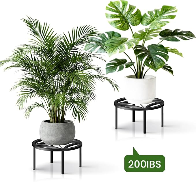 TOSKING 2-Pack Fully Assembled Heavy Duty Low Metal Plant Stand, Geometric Flower Pot Holder for Heavy Potted Plant, Rustproof Iron Plant Riser with Adjustable Feet, 200 LBS Capacity, No Installation Required,Indoor/Outdoor, Black (10.24"Dia x 5.3"H)