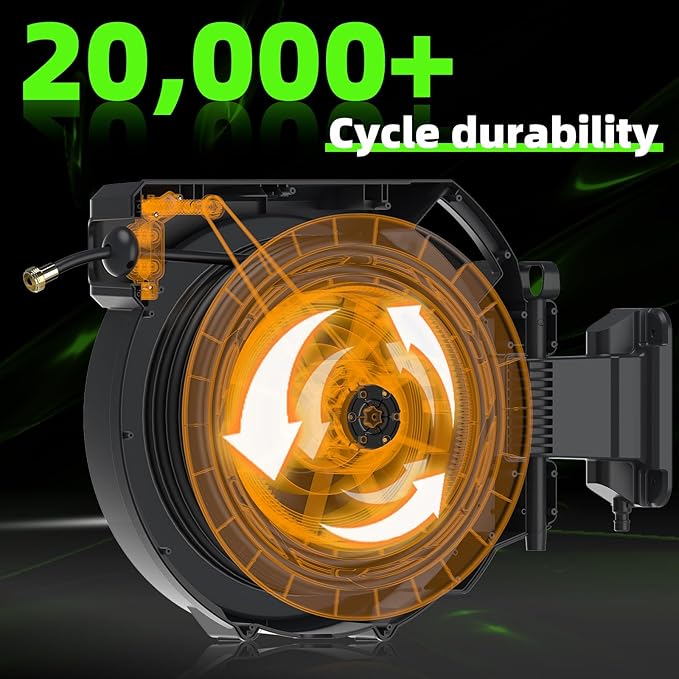 Retractable Garden Hose Reel 1/2 in x130 ft, Heavy Duty Wall Mounted Hose Reel with 7- Function Sprayer Nozzle, Any Length Lock/Automatic Slow Return System,180° Swivel Bracket