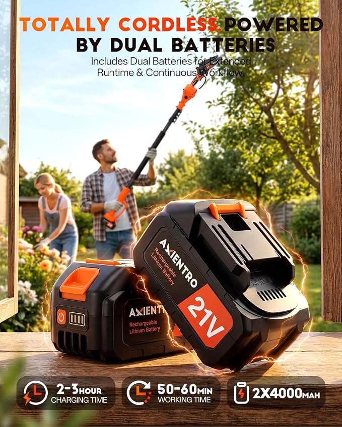 Electric Pole Saws for Tree Trimming, 2-in-1 Bruless Motor Mini Chainsaw & Pole Saw, 8-in Electric Chainsaw Cordless with Extendsion Pole, 2x4000mAh Li Batteries & Charger, 16FT Max Reach