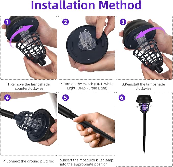 2026 Solar Bug Zapper Outdoor Waterproof,4 Pack Mosquito Zapper Repellent Outdoor Patio,Auto On/Off Purple or White Light,Solar Powered Gnat Insect Bug Zappers for Yard Garden Backyard Pathway