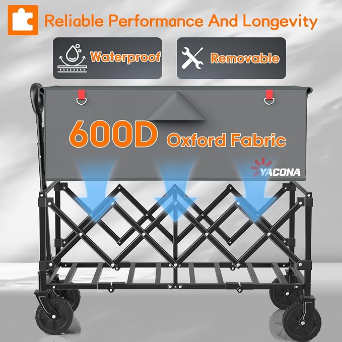 35" L Extra Long Wagons Carts Foldable, 360LBS Heavy Duty Collapsible Wagon with Wheels, Folding Wagon Portable Utility Cart for Groceries, Shopping, Camping, Sports (Gray, 180L)
