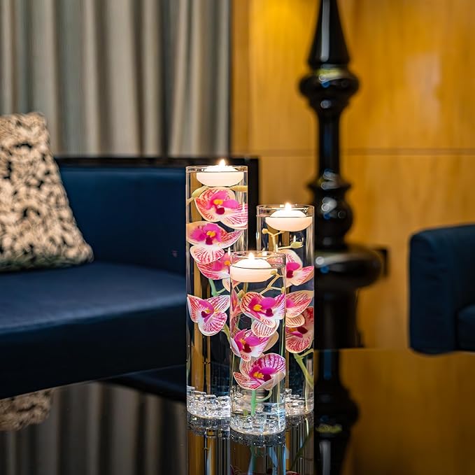 Artificial Orchid Floating Flower for Table Centerpieces Glass Cylinder Vase Fillers Floating Candles Fake Ice Cubes Peach Set for Wedding Party Pool Bar Restaurant Festival Decoration