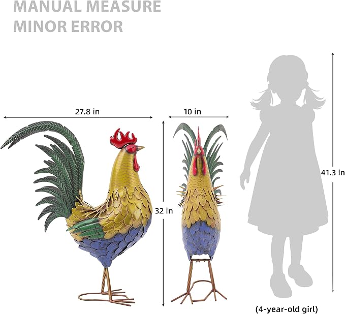 32" Oversized Metal Rooster Statue, Large Yard & Kitchen Decor | Durable Metal with Hand-Painted Finish, Farmhouse Rooster Chicken Decor for Yard, Garden, Patio