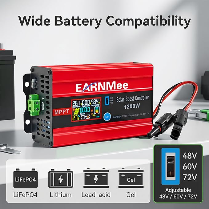 30A Boost MPPT Solar Charge Controller 72V/60V/48V, 1200W Solar Controller with LCD,Output Max 15A for LiFePO4/Lithium/Lead Acid Battery for RV/Solar System/Golf Cart,Smart Cooling & Full Protection