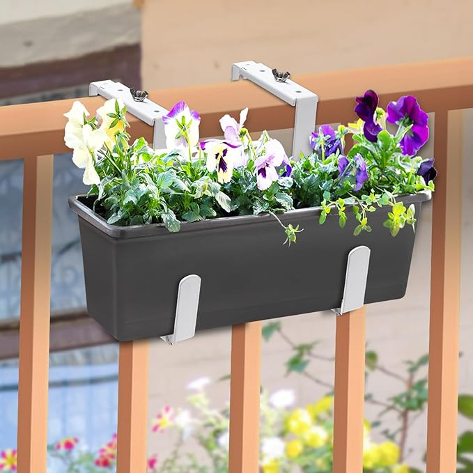 VIVIKEN Adjustable Planter Box Bracket, Flower Box Holder Brackets for Deck Railing, Window Box Hanging Brackets for Patio Garden Fence Pergola Balcony Supporting Heavy Planters-4 Pack
