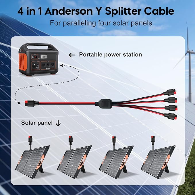 Anderson Y Splitter Cable 1 to 4 Solar Panel Anderson Branch Parallel Adapter Cable for Portable Solar Generator Power Station Compatible with GZ Jackery High Power Pole Port Connector
