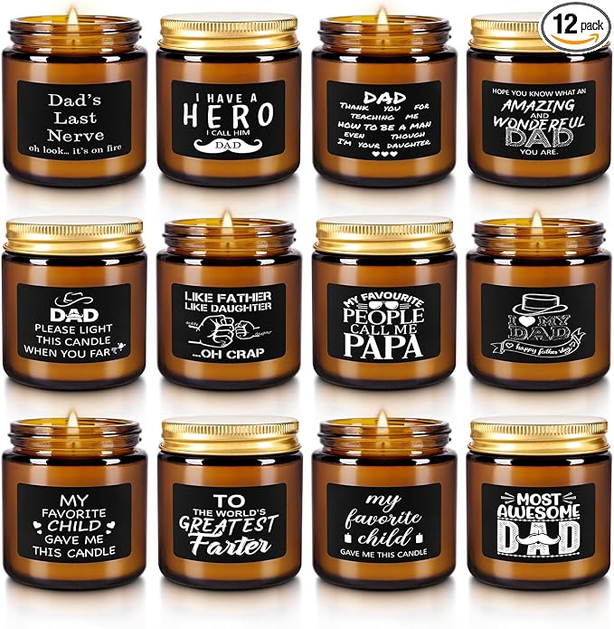 Gift for Dad, 12-Pack 3.5 oz Scented Candles – Fathers Day Christmas Birthday Gifts from Daughter Son, Soy Wax Candles with Heartfelt Messages, Smokeless Long-Lasting for Papa Husband Grandpa