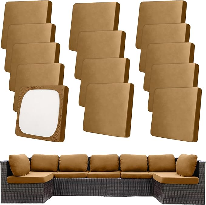 14Pcs Patio Cushion Covers,Outdoor Cushions Covers,Stretch Cushion Covers Replacement, Washable and Reusable Furniture Protectors(Camel)