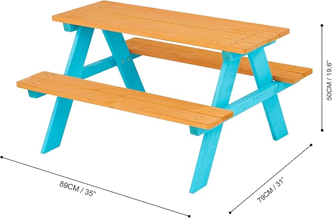 Teamson Kids - Wooden Outdoor Child Children Kids Picnic Table & Chair Bench Set - Brown/Aqua