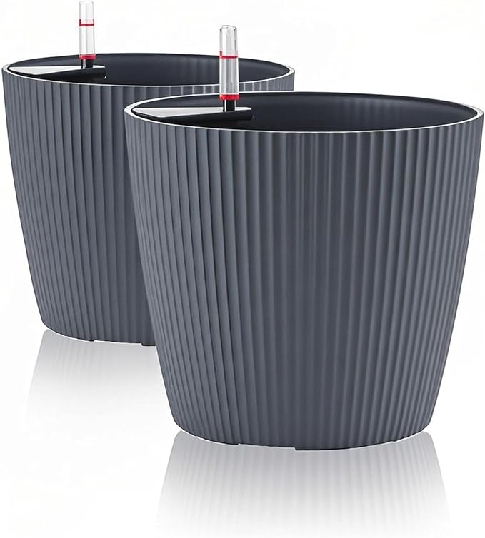 Dexceder 11x10 Self Watering Planters Indoor (2 Pack, Gray) | Inner Mat Design, Table Flower Plant Pot with Water Level Indicator