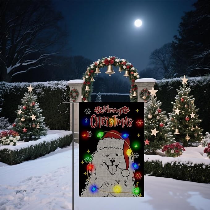 Christmas Dog Garden Flag - Led Samoyed Christmas Decor for Outside, Welcome Garden Flags Double-Sided Flag for Seasonal Christmas Winter Farmhouse Yard Lawn Decoration Gifts 12x18 inches