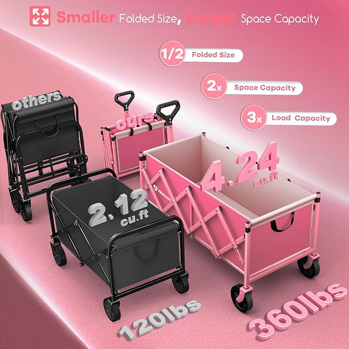 Hikemoon 34'' Extra Long Collapsible Wagons Carts Foldable, 360LBS Heavy Duty Folding Beach Wagon Cart with Wheels, Portable Utility Outdoor Wagon for Grocery, Shopping, Garden, Sports, Camping, Pink